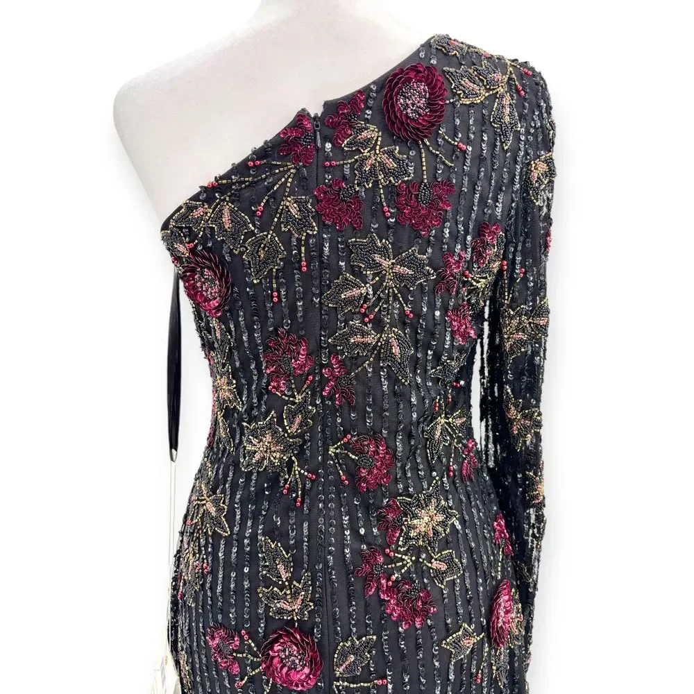 Mac Duggal NEW Black One Shoulder Floral Leaf Embellished Mini Dress $558 Size 6